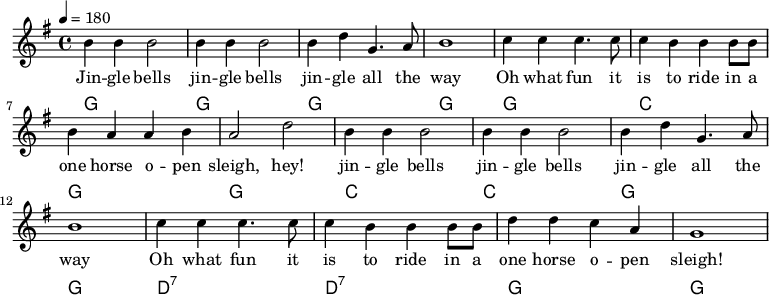  {\language "english" \new PianoStaff \transpose f g << \new Staff\relative c''{\set Staff.midiInstrument= #"lead 2" \clef treble   \key f \major \time 4/4  \tempo 4 = 180
a4 a a2                  |a4 a a2 
a4 c f,4. g8             |a1                |bf4 bf4 bf4. bf8      |bf4 a a a8 a8  |a4 g g a               |g2 c2
a4 a a2                  |a4 a a2           | a4 c f,4. g8          |a1               
bf4 bf4 bf4. bf8         |bf4 a a a8 a8     |c4 c bf g             |f1
} \addlyrics{
Jin -- gle bells        |jin -- gle bells
jin -- gle all the      | way               |Oh what fun it        |is to ride in a |one horse o -- pen     |  sleigh, hey! 
jin -- gle bells        |jin -- gle bells   |jin -- gle all the    | way    
Oh what fun it          |is to ride in a    |one horse o -- pen    |  sleigh!
}\new ChordNames  {\chordmode {\clef bass % Chords
f,            f,       |f,    f,            |  f,          bf,    | f,      f,              
bf,          bf,       | f,     f,          |c,:7          c,:7     | f, f,
} }>>}