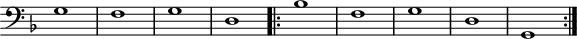 
\version "2.14.2"
\header {
  tagline = ##f
}

\score {
  \new Staff \with {
    \remove "Time_signature_engraver"

  }
<<
  \relative c' {
    \key f \major
    \clef bass
    \time 2/2
    \tempo 2 = 80
    \override TupletBracket #'bracket-visibility = ##f 
    \autoBeamOff
    \set Staff.midiInstrument = #"harpsichord"

     %%%%%%%%%%%%%%%%%%%%%%%%%% Passamezzo antico

     g1 f g d
\repeat volta 2 {
     bes'1 f g d g,
}

  }
>>
  \layout {
    \context { \Score \remove "Metronome_mark_engraver" }
    \context {
      \remove "Metronome_mark_engraver"
    }
  }
  \midi {}
}
