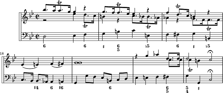 
\version "2.18.2"
\header {
  tagline = ##f
}

\score {

 \new StaffGroup <<
\set StaffGroup.systemStartDelimiter = #'SystemStartSquare
    \new Staff {
      \relative c'' {
      \key g \minor
      \time 2/2
      \tempo 4 = 70
      \autoBeamOff
      \clef treble
      \set Score.currentBarNumber = #15
      \override Rest #'style = #'classical
      \set Staff.midiInstrument = #"violin"

   % Violon
   << { bes'8. a16 a8.\trill g16 g4 r4 } \\ { r2 ees4 d8.\trill c16 } >>
   << { g'8. f16 f8.\trill ees16 ees4 r4 } \\ { b4 r4 c8. bes16 bes8.\trill aes16 } >>
   << { f'4 d8.\trill c16 b4 r4 } \\ { aes4 r4 g8. f16 f8.\trill f16 } >>
   ees4( e4) f( fis)
   << { g1 } \\ { g1 } >>
   << { r4 g'4 aes d,8. d16 } \\ { s2 s4 c8. c16 } >>
   << { d2 c\fermata } \\ { c4\trill b } >>

    }
}
    \new Staff {
  <<
      \key g \minor
    \set Staff.midiInstrument = #"recorder"

    \new Voice { \clef bass d2 ees4 f | g b c' e | f fis g b, | c8.[ bes,16] bes,8.[ aes,16] aes,4 a, | g, g8[ f] ees[ b,] c[ d] | ees4 e f fis | g4 g, c2\fermata }
    \new FiguredBass {
      \figuremode {
      < 6 >2 s4 < 6 >4
      % original #, 1959 bécarre, exp. #
      < _+ >4 < 6 5 >4 s4 < 5- >4
      s4 < 6 >4 < _+ >4 < 5- >4
      < _ >4 < 4+ >4 < 6 >4 < 6+ >4
      < _ >2 < _ >8 < 6 >8 < _ >4
      < _ >4 < _ >4 < _ >4 < 6 5 >4
      < 5 4 >4 < _+ >4
      }
    }
  >>
    }
 >>
  \layout {
    \context {
      \Score
      \remove "Metronome_mark_engraver"
    }
  }
  \midi {}
}
