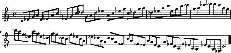 
{

\modalTranspose c c' { c des ees g a } { c8 des g a } 
\modalTranspose c des' { c des ees g a } { c des g a } 
\modalTranspose c ees' { c des ees g a } { c des g a } 
\modalTranspose c g' { c des ees g a } { c des g a } 
\modalTranspose c a' { c des ees g a } { c des g a } 
\modalTranspose c c'' { c des ees g a } { c des g a } 
\modalTranspose c des'' { c des ees g a } { c des g a } 
\modalTranspose c ees'' { c des ees g a } { c des g a } 
\modalTranspose c g'' { c des ees g a } { c des g a } 

\modalInversion c ees''' { c des ees g a } { c des g a } 
\modalInversion c des''' { c des ees g a } { c des g a } 
\modalInversion c c''' { c des ees g a } { c des g a } 
\modalInversion c a'' { c des ees g a } { c des g a } 
\modalInversion c g'' { c des ees g a } { c des g a } 
\modalInversion c ees'' { c des ees g a } { c des g a } 
\modalInversion c des'' { c des ees g a } { c des g a } 
\modalInversion c c'' { c des ees g a } { c des g a } 
\modalInversion c a' { c des ees g a } { c des g a } 
\modalInversion c g' { c des ees g a } { c des g a } 
\modalInversion c ees' { c des ees g a } { c des g a } 
\modalInversion c des' { c des ees g a } { c des g a } 

c'2

\bar "|."
}
