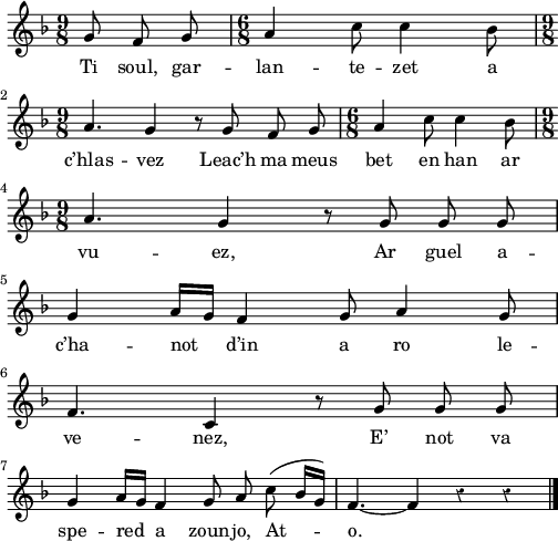 
{
    \clef treble
    \key d\minor
    \autoBeamOff
    \override Rest #'style = #'classical
    \time 9/8
    \partial 8*3
 g'8 f'8 g'8 \time 6/8
 | a'4 c''8 c''4 bes'8 | \break
 \time 9/8
 a'4. g'4 r8  g'8 f'8 g'8 |
 \time 6/8
 a'4 c''8 c''4 bes'8 | \break
 \time 9/8
 a'4. g'4 r8 g'8 g'8 g'8 | \break
 g'4 a'16 [ g'16 ] f'4 g'8 a'4 g'8 | \break
 f'4. c'4 r8  g'8 g'8 g'8 | \break
 g'4 a'16 [ g'16 ] f'4 g'8 a'8 c''8 ( bes'16 [ g'16) ] | f'4. ~  f'4 r4  r4  \bar "|."
}
\addlyrics {
Ti soul, gar -- lan -- te -- zet a c’hlas -- vez
Leac’h ma meus bet en han ar vu -- ez,
Ar guel a -- c’ha -- not d’in a ro
le -- ve -- nez,
E’ not va spe -- red a zoun -- jo,
At -- o.
}
  \layout { line-width = #125 }
  \midi {
    \context {
      \Score
      tempoWholesPerMinute = #(ly:make-moment 80 4)
  }
}
\header { tagline = ##f }
