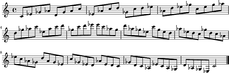 
{

\modalTranspose c c' { c d ees ges aes } { c8 ees ges aes } 
\modalTranspose c d' { c d ees ges aes } { c ees ges aes } 
\modalTranspose c ees' { c d ees ges aes } { c ees ges aes } 
\modalTranspose c ges' { c d ees ges aes } { c ees ges aes } 
\modalTranspose c aes' { c d ees ges aes } { c ees ges aes } 
\modalTranspose c c'' { c d ees ges aes } { c ees ges aes } 
\modalTranspose c d'' { c d ees ges aes } { c ees ges aes } 
\modalTranspose c ees'' { c d ees ges aes } { c ees ges aes } 
\modalTranspose c ges'' { c d ees ges aes } { c ees ges aes } 

\modalInversion c ees''' { c d ees ges aes } { c ees ges aes } 
\modalInversion c d''' { c d ees ges aes } { c ees ges aes } 
\modalInversion c c''' { c d ees ges aes } { c ees ges aes } 
\modalInversion c aes'' { c d ees ges aes } { c ees ges aes } 
\modalInversion c ges'' { c d ees ges aes } { c ees ges aes } 
\modalInversion c ees'' { c d ees ges aes } { c ees ges aes } 
\modalInversion c d'' { c d ees ges aes } { c ees ges aes } 
\modalInversion c c'' { c d ees ges aes } { c ees ges aes } 
\modalInversion c aes' { c d ees ges aes } { c ees ges aes } 
\modalInversion c ges' { c d ees ges aes } { c ees ges aes } 
\modalInversion c ees' { c d ees ges aes } { c ees ges aes } 
\modalInversion c d' { c d ees ges aes } { c ees ges aes } 

c'2

\bar "|."
}
