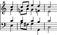 { \override Score.TimeSignature #'stencil = ##f \time 3/4 \partial 4 << \relative c'' << { c4 | c8 d e4 d | c2 } \\ { g4 f!8 a g4 f! e2 } >> \new Staff { \clef bass { \relative c' << { c4 c c b c2 } \\ { e,4 a8 fis g4 g, c2 } >> } } >> }