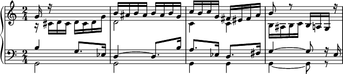 \new PianoStaff <<
\new Staff {\time 2/4 <<\relative c''{g16 r s8 s4 b16 ais b ais b ais b g c b c g fis eis fis a b8 r b,16 a g r} \\ \relative c'{r16 cis d cis d cis d g d2 c4 c b16 ais b c s4}>>}
\new Staff {\clef bass <<\relative c'{b4 g8. es16 d4~ d8. b'16 a8. es16 d8. fis16 g4~ g8 r16 e} \\ \relative c {g2 g g4 g g~ g8 r}>>}
>>
