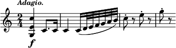 { \time 2/4 \tempo \markup { \smaller \italic Adagio. } \relative g { <g e' c'>4\f c8. c16 c4 c16( d32 e f g a b) c8-. r e-. r g-. r } }