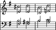 
\relative c' { \override Score.TimeSignature #'stencil = ##f
     << \new Staff { \key g\major \clef treble << { e2 } \\ { cis'2 } >> << { e,2 } \\ { d'2 } >> << { d,2 } \\ { b'2 } >> << { f2 } \\ { d'2 } >> }
        \new Staff { \key g\major \clef bass << { fis,,2 } \\ { b2 } >> << { fis2 } \\ { ais2 } >> << { b2 } \\ { b2 } >> << { a2 } \\ { c2 } >> }
>> }
