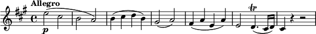 
\relative c'' {
  \version "2.18.2"
  \key a \major
  \time 4/4
  \tempo "Allegro"
  \tempo 4 = 130
  e2\p (cis b a)
  b4 (cis d b)
  gis2 (a)
  fis4 (a e a)
  e2 d4.\trill (cis16 d)
  cis4 r r2 
}
