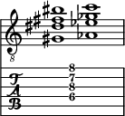  
<<
  %\override Score.BarLine.break-visibility = ##(#f #t #t)
  \time 2/1
    \new Staff  {
    \clef "treble_8"
        \once \override Staff.TimeSignature #'stencil = ##f
        <  gis dis' fis' bis'>1 | <  aes ees' ges' c''>1 |
    }

     \new TabStaff {
       \override Stem #'transparent = ##t
       \override Beam #'transparent = ##t 
      s2 <  gis\4 dis'\3 fis'\2 c''\1>1 s2
  }
>>
