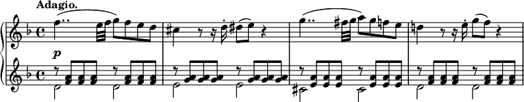 
 \relative c' {
 \new PianoStaff <<
 \new Staff { \key d \minor \time 4/4 \set Score.tempoHideNote = ##t \tempo "Adagio." 4=60
 \override Score.NonMusicalPaperColumn #'line-break-permission = ##f
 {
 f'4..( e32 f g8) f e d cis4 r8 r16 d-. dis8( e) r4
 g4..( fis32 g a8) g f e d!4 r8 r16 e-. g8( f) r4
 }
 }
 \new Dynamics {
 s4\p
 }
 \new Staff { \key d \minor \time 4/4
 <<
 {
 d8\rest <a f> q q d8\rest q q q d8\rest <a g> q q d8\rest q q q
 d8\rest <a e> q q d8\rest q q q d8\rest <a f> q q d8\rest q q q
 }
 \\
 { d,2 d e e cis cis d d }
 >>
 }
 >>
 }
