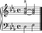 \new GrandStaff <<
     \new Staff \relative c' {
       \key ees \major
       <f~ aes~ d>2^"8"
       <f aes c>
       \bar "|."
     }
     \new Staff \relative c {
       \clef bass
       \key ees \major
       d2 f
     }
   >>