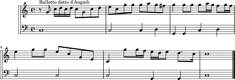 
\version "2.14.2"
\header {
  tagline = ##f
}

\score {

 \new StaffGroup <<
\set StaffGroup.systemStartDelimiter = #'SystemStartSquare
    \new Staff {
      \relative c'' {
      \key c \major
      \time 4/4
      \tempo 4 = 80
      %\autoBeamOff
      \clef treble
      \override Rest #'style = #'classical
      \set Staff.midiInstrument = #"trumpet"

   % Balletto detto d'Angioli
   r8^"Balletto detto d'Angioli" g8 c16 d c d c8 g c d | e c g' g g a g fis | g4 g8 g g a16 g f8 g16 f | e4 g8 g e c g e | c4 g''8 g16 f e d e8 d8. c16 | c1
        \bar "|."
    }
}
    \new Staff {
  <<
      \key c \major
      \set Staff.midiInstrument = #"recorder"
    \new Voice { \clef bass c1 | c2 c4 d | g, g, c d | c2 c | c g,4 g, | c1 }
    \bar "||."
  >>
    }
 >>
  \layout {
    \context {
      \Score
      \remove "Metronome_mark_engraver"
    }
  }
  \midi {}
}
