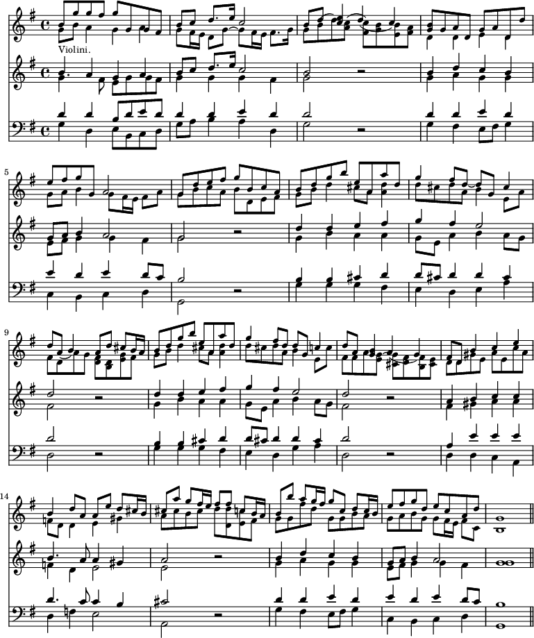 << \new Staff { \time 4/4 \key g \major << 
\new Voice \relative b' { \stemUp \small b8 g' g fis g g, g fis | b c d8. e16 c2 | b8 d <e c>4 d( c) | <b g>8 g a d, g a d, d' | e fis g g, a2 | g8 d' e fis g b, c a | b d g b e, a, a' d, | g4 fis8 d ~ d g, cis4 | d8 a( b4) a8 d cis b16 a | b8 d g b e, a, a' d, | g4 fis8 d d g, c4 | d8 a <b g>4 a( g) | fis8 d b'4 c e | b d8 a a e' d cis16 b | cis8 a' g fis16 e fis8 fis c b16 a | b8 b' a g16 fis g8 c, d c16 b | e8 fis g d e c a d | g,1 \bar "||" }
\new Voice \relative g' { \stemDown \small g8_"Violini." b a4 g a | g8 fis16 e d8 g ~ g fis16 e fis8. g16 | g8 b( d) <c a>( <c fis,>) <b g> <b e,> <a fis> | d,4 d e d | g8 a b4 g8 fis16 e fis8 a | g b c a b d, e fis | g b d4 cis8 a <a d>4 | d8 cis d a b4 e,8 a | fis d a' g <fis d> <d b> <e g> fis | g8 b d4 cis8 a <a d>4 | d8 cis d a b4 e,8 c' | fis, fis a <g e> ~ <g cis,> <fis d> <fis b,> <e cis> | d d gis e a e c' a | f d d4 e gis | a8 cis b cis d <d d,> <c e,> fis, | g g fis' d g, g b a | g a b g g fis16 e fis8 c | b1 } 
>> }
\new Staff { \key g \major << \new Voice \relative b' { \stemUp b4 a g a | b8 c d8. e16 c2 | b2 r | b4 d c b g8 a b4 a2 | g r | d'4 d e fis g fis e2 | d2 r | d4 d e fis | g fis e2 | d r | a4 b c c | b4. a8 a4 gis | a2 r | b4 d c b | g8 a b4 a2 | g1 }
\new Voice \relative g' { \stemDown g4. fis8 e g g fis | g4 g g fis | g2 s | g4 a g g e8 fis g4 g fis | g2 s | g4 b a a | g8 e a4 b a8 g | fis2 s | g4 b a a | g8 e a4 b a8 g | fis2 s | fis4 gis a a | f d e2 | e s | g4 a g g | e8 fis g4 g fis | g1 } >> }
\new Staff { \clef bass \key g \major << \new Voice \relative d' { \stemUp d4 d b8 d e d | d4 d e d | d2 r d4 d e d | e d e d8 c | b2 r | b4 b cis d | d8 cis d4 d cis4 | d2 r | b4 b cis d | d8 cis d4 d cis | d2 r | a4 e' e e | d4. c8 c4 b | cis2 r | d4 d e d e d e d8 c | b1 }
\new Voice \relative g { \stemDown g4 d e8 b c d | g a b4 a d, | g2 s | g4 fis e8 fis g4 | c, b c d | g,2 s | g'4 g g fis | e d e a | d,2 s | g4 g g fis | e d g a | d,2 s | d4 d c a | d f e2 | a, s | g'4 fis e8 fis g4 | c, b c d | g,1 } >> }
 >>