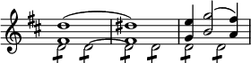 \new Staff << \override Score.TimeSignature #'stencil = ##f \time 4/4 \key d \major \new Voice \relative d'' { \stemUp <d fis,>1^( <dis fis,>) | <e g,>4 <g b,>2^( <fis a,>4) }
\new voice \relative d' { \stemDown d2:8 d: ~ d: d: d: d: } >>