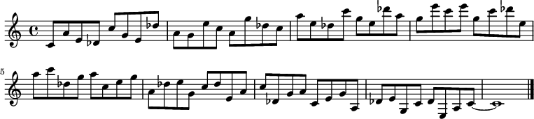 
{

\modalTranspose c c' { c des e g a } { c8 a e } 
\modalTranspose c des' { c des e g a } { c a e } 
\modalTranspose c e' { c des e g a } { c a e } 
\modalTranspose c g' { c des e g a } { c a e } 
\modalTranspose c a' { c des e g a } { c a e } 
\modalTranspose c c'' { c des e g a } { c a e } 
\modalTranspose c des'' { c des e g a } { c a e } 
\modalTranspose c e'' { c des e g a } { c a e } 
\modalTranspose c g'' { c des e g a } { c a e } 

\modalInversion c e''' { c des e g a } { c a e } 
\modalInversion c des''' { c des e g a } { c a e } 
\modalInversion c c''' { c des e g a } { c a e } 
\modalInversion c a'' { c des e g a } { c a e } 
\modalInversion c g'' { c des e g a } { c a e } 
\modalInversion c e'' { c des e g a } { c a e } 
\modalInversion c des'' { c des e g a } { c a e } 
\modalInversion c c'' { c des e g a } { c a e } 
\modalInversion c a' { c des e g a } { c a e } 
\modalInversion c g' { c des e g a } { c a e } 
\modalInversion c e' { c des e g a } { c a e } 
\modalInversion c des' { c des e g a } { c a e } 

c'~ c'1

\bar "|."
}
