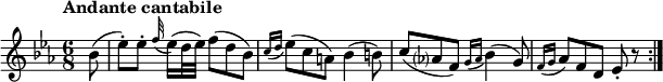 
\version "2.18.2"
\relative c'' {
  \key es \major
  \time 6/8
  \tempo "Andante cantabile "
  \tempo 4 = 50
  \partial 8 bes8
  (es-.) [es-.] \grace f32 (es16) (d32 es) f8 (d bes)
  \acciaccatura { c16 d } (es8) (c a) bes4 (b8)
  c (aes!? f) \acciaccatura { g16 aes } (bes4) (g8)
  \acciaccatura { f16 g } (aes8) f d es-. r \bar ":|."
}
