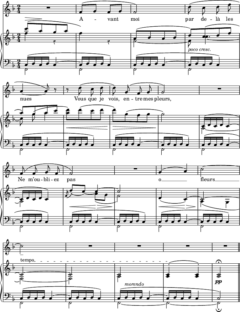 
{
  \language "italiano"

  \omit Score.BarNumber
  \override Score.Rest.style = #'classical
  \set Score.tempoHideNote = ##t
  <<
    \new Staff \with {
      midiInstrument = #"voice oohs"
    }
    <<
      \tempo "" 4 = 84
      \key fa \major
      \time 2/4
      \new Voice = chant  {
        \relative do' {
          \set melismaBusyProperties = #'()
          \slurUp
          R2 fa8( sol fa sol |
          fa2) |
          \autoBeamOff
          re'8( do re fa |
          \break
          la,4~ la8) r |
          r re( do re |
          re) sol,( fa sol |
          sol2) | R2 |
          \break
          fa8( fa sol fa |
          fa2) |
          R2 |
          sol4( la) |
          do2~ |
          \break
          do |
          \repeat unfold 4 R2 \bar "||"
        }% relative do
      }% Voice
      \addlyrics {
        A -- _ vant _ moi par de -- là les
        nues _ Vous que je vois, en -- tre mes pleurs,
        Ne m’ou -- bli -- ez pas o __ _ fleurs __ _
      }% Lyrics
    >>% Staff
    \new PianoStaff \with {
      midiInstrument = #"piano"
    }
    <<
      \new Staff {
        \time 2/4
        \key fa \major
        <<
          \new Voice {
            \relative do''' {
              \voiceOne
              do8^\>([ la\! sol la] |
              \once \stemDown fa4) s |
              la,8[( sib la sib] |
              re)[ do( re fa] |

              la8)[ sol la do] |
              s2 |
              s2 |
              s2 |
              do,,16( re do re do4~ |

              do16 re do re do4) |
              \slurDown
              \acciaccatura fa8 re'8( \once \tieDown do~) do4~ |
              do2 |
              re,4( do)~ |
              do2~ |

              \override TextSpanner.bound-details.left.text = \markup { \upright "tempo" }
              do~ \startTextSpan |
              do |
              < do la> |
              \slurUp
              < do la >4-.( \stopTextSpan < do la >-.) |
              < do la >2\fermata |
            } %relative do
          } %Voice
          \new Voice {
            \relative do'' {
              \voiceTwo
              fa4 r |
              s r |
              fa,2~ |
              fa8 do'4.~ |

              \autoBeamOff
              \slurUp
              do8 sol'( la4 |
              \autoBeamOn
              < la re >8)[ re( do re] |
              re)[ sol,( fa sol] |
              sol2) |
              la,,~ |

              la |
              \slurDown
              s4 la'8( sol |
              fa2) |
              s2 |
              la,4( sol |

              fa2~) |
              fa |
              la |
            } %relative do
          } %Voice
        >>
      } % Staff
      \new Dynamics {
        \repeat unfold 3 { s2 } |
        s2-\markup { \italic "poco cresc." }

        s2 |
        s2\< |
        s2\> |
        s2\! |
        s2 |

        s2 |
        s4\< s\> |
        s2\! |
        s4\< s\> |
        s2\! |

        s2 |
        s2 |
        s16 s8. -\markup {\italic { "morendo" } } s4 |
        s2 |
        s2 \pp |
      }
      \new Staff {
        \clef "bass"
        \time 2/4
        \key fa \major
        <<
          \new Voice {
            \relative do {
              \tieUp \slurUp
              \repeat unfold 8
              {
                do16( re do re do4~ |
                do16 re do re do4) |
              }
              do16( re do re do4~ |
              do16 re do re do4 |
              do2)
            } %relative do
          } %Voice
          \new Voice {
            \voiceTwo
            \relative do, {
              \repeat unfold 16
              {
                fa2
              }
              fa2~ |
              fa2~ |
              fa2\fermata |
            } %relative do
          } %Voice
        >>
      } %Staff
    >> %PianoStaff
  >>
}
