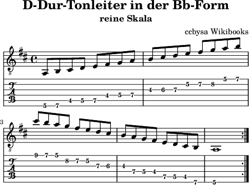 
\version "2.20.0"
\header {
  title = "D-Dur-Tonleiter in der Bb-Form"
  subtitle = "reine Skala"
  arranger = "ccbysa Wikibooks"
}

Melody =  {
  \set Staff.midiInstrument = "electric guitar (clean)"
  \repeat volta 2 {  
    \stemUp
    \set TabStaff.minimumFret = #4
    \set TabStaff.restrainOpenStrings = ##t
 a,8 b, cis d e fis g a |
 b8 cis' d' e' fis' g' a' b' |
 \break
 cis''8 b' a' g' fis' e' d' cis' | 
 b8 a g fis e d cis b, | a,1 |
 } 
 
}

Gitarre =  \Melody

\score {
  <<
    \new Voice  { 
      \clef "treble_8" \time 4/4  
      \tempo 4 = 100 \key d \major 
      \set Score.tempoHideNote = ##t
      \Gitarre 
    }
   \new TabStaff { \Gitarre }
  >>
  \layout { }
}
\score {
  <<
    \new Voice  { 
      \clef "treble_8" \time 4/4  
      \tempo 4 = 100 \key c \major 
      \unfoldRepeats \Gitarre 
    }
  >>
  \midi { }
}

\paper {
  indent=0\mm
  line-width=120\mm
  oddFooterMarkup=##f
  oddHeaderMarkup=##f
  % bookTitleMarkup=##f
  scoreTitleMarkup=##f
}
