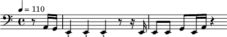 \relative c {\tempo 4 = 110 \time 4/4 \partial 4 \clef bass r8 a16 g e4-. e-. e-. r8 r16 e16 e8 e g e16 a r 4} 