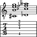  
<<
  %\override Score.BarLine.break-visibility = ##(#f #t #t)
  \time 2/1
    \new Staff  {
    \clef "treble_8"
        \once \override Staff.TimeSignature #'stencil = ##f
        < cis  b e' g'>1 | < des  ces' fes' aeses'>1 |
    }

     \new TabStaff {
       \override Stem #'transparent = ##t
       \override Beam #'transparent = ##t 
      s2 < cis\5  b\3 e'\2 g'\1>1 s2
  }
>>
