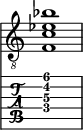  
<<
  %\override Score.BarLine.break-visibility = ##(#f #t #t)
  \time 1/1
    \new Staff  {
    \clef "treble_8"
        \once \override Staff.TimeSignature #'stencil = ##f
        <  f c' ees' bes'>1
    }

     \new TabStaff {
       \override Stem #'transparent = ##t
       \override Beam #'transparent = ##t 
      <  f\4 c'\3 dis'\2 ais'\1>1
  }
>>
