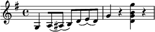 
\relative c' {
\time 4/4
\key g \major
g4 [a8~ (ais8~)] [(b8) d8~ (e8) (d8)] | g4 r4 <d g b g'>4 r4
}