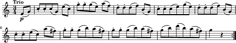 
\version "2.18.2"
\relative c'' {
  \key c \major
  \time 3/4
  \tempo "Trio "
  \tempo 4 = 136
  \partial 4 e,8 \p (g)
  c-. [c-. c (g)] e' [(c)]
  g'-. [g-. g (e)] a [(f)]
  d-. [d-. d (f)] b, [(g)]
  c-. c-. c (e) g (e) 
  d-. [d-. d (f)] b, [(g)]
  c-. [c-. e (c)] a' (fis)
  g-. [g-.] g (b) a (fis)
  g-. [g-.] g (b) a (fis)
  g (b) d (b) a (fis)
  g4 r \bar ":|."
}
