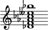 {
  % Rivin lopun pystyviiva ja tahtiosoitus piiloon.
  \override Score.BarLine.break-visibility = ##(#f #t #t)
  \override Staff.TimeSignature #'stencil = ##f
  
  <des' f' aes' ces'' eeses'' bes''>1
}
