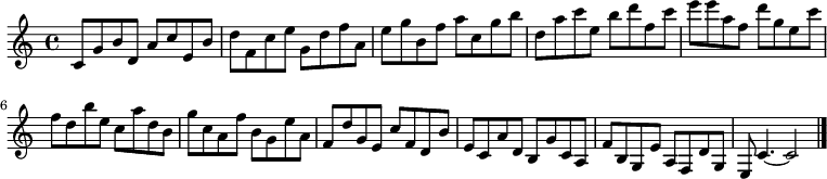 
{

\modalTranspose c c' { c d e f g a b } { c8 g b } 
\modalTranspose c d' { c d e f g a b } { c g b } 
\modalTranspose c e' { c d e f g a b } { c g b } 
\modalTranspose c f' { c d e f g a b } { c g b } 
\modalTranspose c g' { c d e f g a b } { c g b } 
\modalTranspose c a' { c d e f g a b } { c g b } 
\modalTranspose c b' { c d e f g a b } { c g b } 
\modalTranspose c c'' { c d e f g a b } { c g b } 
\modalTranspose c d'' { c d e f g a b } { c g b } 
\modalTranspose c e'' { c d e f g a b } { c g b } 
\modalTranspose c f'' { c d e f g a b } { c g b } 

\modalInversion c e''' { c d e f g a b } { c g b } 
\modalInversion c d''' { c d e f g a b } { c g b } 
\modalInversion c c''' { c d e f g a b } { c g b } 
\modalInversion c b'' { c d e f g a b } { c g b } 
\modalInversion c a'' { c d e f g a b } { c g b } 
\modalInversion c g'' { c d e f g a b } { c g b } 
\modalInversion c f'' { c d e f g a b } { c g b } 
\modalInversion c e'' { c d e f g a b } { c g b } 
\modalInversion c d'' { c d e f g a b } { c g b } 
\modalInversion c c'' { c d e f g a b } { c g b } 
\modalInversion c b' { c d e f g a b } { c g b } 
\modalInversion c a' { c d e f g a b } { c g b } 
\modalInversion c g' { c d e f g a b } { c g b } 
\modalInversion c f' { c d e f g a b } { c g b } 
\modalInversion c e' { c d e f g a b } { c g b } 
\modalInversion c d' { c d e f g a b } { c g b } 

c'4.~ c'2

\bar "|."
}
