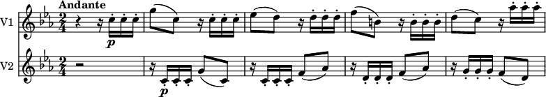 
<< 
  \new Staff \with { instrumentName = #"V1 "}  
  \relative c'' {
     \version "2.18.2"
     \key ees \major
     \tempo "Andante"
     \time 2/4
    r4 r16 c16-.\p c-. c-.
   g'8 (c,)  r16 c16-. c-. c-.
   ees8 (d) r16 d16-. d-. d-.
   f8 (b,) r16 b16-. b-. b-.
   d8 (c) r16 aes'16-. aes-. aes-.
  }
  \new Staff \with { instrumentName = #"V2 "}
  \relative c'' {
    \key ees \major
    \time 2/4
    r2 r16 c,16-.\p c-. c-. g'8 (c,)  
   r16 c16-. c-. c-. f8 (aes)
   r16 d,16-. d-. d-. f8 (aes)
   r16 g16-. g-. g-. f8 (d)
  }
>>
