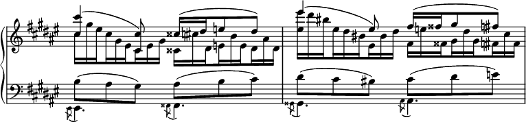 
\relative c''' {
  \new PianoStaff <<
   \new Staff \with { \remove "Time_signature_engraver" } { \key fis \major \time 6/8 \set Score.tempoHideNote = ##t \tempo "" 4.=72
    <<
     {
      \grace s8 <cis cis,>4( <cis, cis,>8) cisis16( dis e8 dis)
      eis'4( eis,8) fis16( fisis gis8 fis)
     }
    \\
     {
      \set subdivideBeams = ##t
      \set baseMoment = #(ly:make-moment 1/8)
      cis16*2/3 gis' eis cis gis eis cis eis gis cisis, cis' dis, e b' e, dis ais' dis,
      <eis'' eis,> dis bis eis, dis bis eis, bis' dis fis, e' fisis, gis dis' gis, fis cis' fis,
     }
    >>
   }
   \new Staff \with { \remove "Time_signature_engraver" } { \key fis \major \time 6/8 \clef bass
    <<
     { \stemDown b,8( ais gis) ais( b cis) dis( cis bis) cis( dis e) }
    \\
     {
      \acciaccatura eis,,8 eis4. \acciaccatura fisis8 fisis4.
      \acciaccatura gisis8 gisis4. \acciaccatura ais8 ais4.
     }
    >>
   }
  >>
 }
