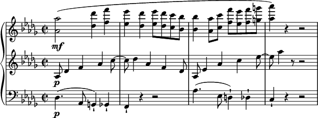 
\relative c'' {
  \new PianoStaff <<
    \new Staff {
      \set Staff.midiInstrument = #"piano" \key des \major \clef treble \time 2/2 \set Score.tempoHideNote = ##t \tempo 2 = 50
      <as as'>2 \mf ( <des des'>4 <f f'>4 |
      <es es'>4 <des des'>4 <es es'>8 <des des'>8 <c c'>8 <bes bes'>8 |
      <bes bes'>4 <as as'>8 <c c'>8 <f f'>8 <es es'>8 <f f'>8 <g g'>8 |
      <as as'>4 ) r4 r2 |
    }
    \new Staff {
      \set Staff.midiInstrument = #"piano" \key des \major \clef treble \time 2/2
      as,,8 \p des4 f4 as4 c8 ~ |
      c8 des4 as4 f4 des8 |
      as8 es'4 as4 c4 es8 ~ | % 4
      es8 as4 r8 r2 |
    }
    \new Staff {
      \set Staff.midiInstrument = #"piano" \key des \major \clef bass \time 2/2
      des,,,4. \p ( as8 g4 ) -! ges4 -! |
      f4 -! r4 r2 |
      as'4. ( es8 d4 ) -! des4 -! |
      c4 -! r4 r2 |
    }
  >>
}
