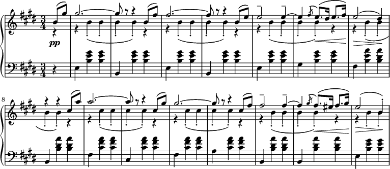 
 \relative b' {
  \new PianoStaff <<
   \new Staff { \key cis \minor \time 3/4
    <<
   {
     \partial 4 b8( gis') gis2.~ gis8 r r4 b,8( fis') fis2.~ fis8 r r4 b,8( e) e2-- e4--~ e4 \slashedGrace fis8( e8.\<)( dis16 e8. fis16)\! e2\>( dis4)\! r r cis8( a') a2.~ a8 r r4 cis,8( gis') gis2.~ gis8 r r4 cis,8( fis) fis2-- fis4--~ fis4 \slashedGrace gis8( fis8.\<)( eis16 fis8. gis16)\! e2\>( b4-.)\!
   }
    \\
   {
      r4 r b4-.( b-. b-. b-.) r4 r b4-.( b-. b-. b-.) r r b4-.( b-. b-. b-.) r r b4-.( b-. b-. b-.) r r cis4-.( cis-. cis-. cis-.) r4 r cis4-.( cis-. cis-. cis-.) r4 r b4-.( b-. b-. b-.) r4 r b4-. b-.
   }
    >>
   }
   \new Dynamics {
    s4\pp
   }
   \new Staff { \key cis \minor \time 3/4 \clef bass
      r e,, <b' e gis> <b e gis> b, <b' e gis> <b e gis> e, <b' e gis> <b e gis> b, <b' e gis> <b e gis> e, <b' e gis> <b e gis> gis <b e gis> <b e gis> fis <b e a> <b dis a'> b, <b' dis a'> <b dis a'> fis <cis' fis a> <cis fis a> cis, <cis' fis a> <cis fis a> fis, <cis' fis a> <cis fis a> a <cis fis a> <cis fis a> b, <b' dis a'> <b dis a'> b, <b' dis a'> <b dis a'> e, <b' e gis> <b e gis>
   }
  >>
 }
