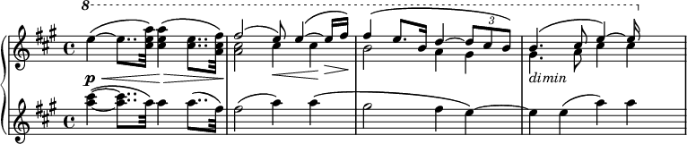 
\relative c''' {
\new PianoStaff << 
\new Staff {
\clef G
\key a \major
\time 4/4
\set Score.tempoHideNote = ##t
    \tempo 4 = 40
     { \ottava #1 
e4~_\p _\< \( e8.. <cis e a>32 \) <cis e a>4 _\> \( <cis e>8.. <a cis fis>32 \) \!
  <<
  { fis'2 (e8) e4~  \( e16 _\> [ fis] \! \) 
  fis4 \( e8.[ b16] d4~ \tuplet 3/2 { d8 cis b \) }
  b4. \( cis8 e4~ \) e16
  }
\\
  { <a, cis>2 cis4_\< cis \!
  b2 a4 gis
  gis4._\markup { \italic dimin } a8 cis4 cis
  }
>>
}
}
\new Staff  {
\clef G
\key a \major
\time 4/4
<a cis>4~ \( <a cis>8.. a32 \) a4 a8..[ (fis32)] 
  fis2 (a4) a \(
gis2 fis4 e~ \)
  e e (a) a
}
>>
} 
