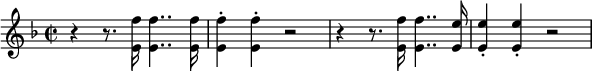 
\relative c' {
 \set Staff.midiInstrument = #"trumpet" \key d \minor \clef treble \time 2/2 \set Score.tempoHideNote = ##t \tempo 2 = 62
      r4 r8. <e f'>16 <e f'>4.. <e f'>16 |
      <e f'>4 -. <e f'>4 -. r2 |
      r4 r8. <e f'>16 <e f'>4.. <e e'>16 |
      <e e'>4 -. <e e'>4 -. r2 |
    }
