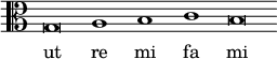 { \override Score.TimeSignature #'stencil = ##f \clef alto \cadenzaOn \relative g { g\breve a1 b c b\breve } \addlyrics { ut re mi fa mi } }