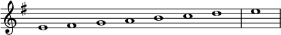 
\relative c' {  
   \new Staff \with { \remove "Time_signature_engraver" }  
   { \key e \minor \time 1/1 \cadenzaOn e1 fis g a b c d \bar "|" e \bar"|"}
   }
