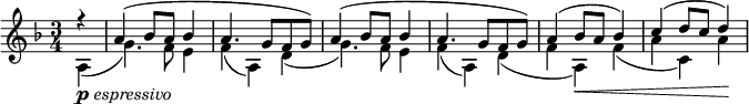 \relative c'' {
\time 3/4
\key d \minor
\partial 4

<< { 
  r4 | a4( bes8 a bes4 | a4. g8 f g) | a4( bes8 a bes4 | a4. g8 f g) | a4( bes8 a bes4) | c4( d8 c d4) |
} \\ { 
  a,4(-\markup{\dynamic "p" \italic "espressivo"} | g'4.) f8 e4 | f( a,) d( | g4.) f8 e4 | f( a,) d( | 
  f a,)\< f'( | a c,) a'\! 
} >>
}