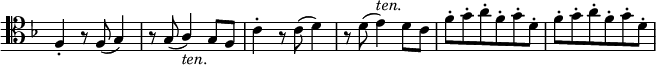 
\relative c {
 \new Staff \with { \remove "Time_signature_engraver" } { \key f \major \time 3/4 \set Score.tempoHideNote = ##t \tempo "" 2=86 \clef tenor
  f4-. r8 f( g4) r8 g_( \stemUp a4_\markup \italic ten. ) g8 f
  \stemDown c'4-. r8 c( d4) r8 d( e4^\markup \italic ten. ) d8 c
  f8-. g-. a-. f-. g-. d-. f-. g-. a-. f-. g-. d-.
 }
}
