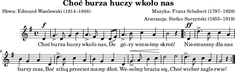 
\version "2.20.0"

\header {
   title = "Choć burza huczy wkoło nas"
   poet = "Słowa: Edmund Wasilewski (1814–1846)"
   composer = "Muzyka: Franz Schubert (1797–1828)"
   arranger = "Aranżacja: Stefan Surzyński (1855–1919)"
   tagline = ""
} 

melodia =
\relative c' {
   \key g \major
   \time 4/4
   
   \partial 4 { d4 ^\f } |
   g4.-> d8 g4 b |
   a4.-> fis8 d4 d8([ fis)] |
   a4.-> b8 c4 a |
   b2 r4
   \repeat volta 2 {
      d,4^\ff |
      d'4.-> b8 c4 a |
      b g a d, | 
      d'4.-> b8 c4 a |
      b g a d, | 
      g4.->^\< a8 b4 c |
      d2\! e |
      d4.-> b8 c4 a |
      g2 r4 |
   }
}
\score {
   \melodia 
   \addlyrics {
Choć bu -- rza hu -- czy wko -- ło nas,
Do gó -- ry wznie -- śmy skroń!
Nie -- stra -- szny dla nas bu -- rzy czas,
Boć si -- lną prze -- cież ma -- my dłoń.
We -- se -- lmy bra -- cia się,
Choć wi -- cher ża -- gle rwie!
   }
   \layout{}
}
\score {
   \unfoldRepeats
   \melodia 
   \midi{ \tempo 4 = 120 }
}
