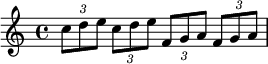 
\relative {
  \tupletUp \tuplet 3/2 { c''8 d e }
  \tupletNeutral \tuplet 3/2 { c8 d e }
  \tupletDown \tuplet 3/2 { f,8 g a }
  \tupletNeutral \tuplet 3/2 { f8 g a }
}
