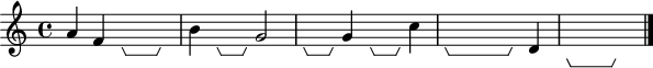 \version "2.18.2"
\header {
  tagline = ##f
}

\layout {
  \context {
    \Voice
    \consists "Horizontal_bracket_engraver"
  }
}

\relative c' {
  a' f \hideNotes  g4\startGroup g\stopGroup \unHideNotes |
  b4 \hideNotes g8\startGroup g\stopGroup \unHideNotes g2 |
  \hideNotes f8\startGroup f8\stopGroup \unHideNotes g4
  \hideNotes a8\startGroup a8\stopGroup \unHideNotes c4 |
  \hideNotes g4\startGroup g g4\stopGroup \unHideNotes d |
  \hideNotes c2\startGroup c2\stopGroup
  \bar "|."
}