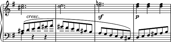 
 \relative c' {
  \new PianoStaff <<
   \new Staff \with { \remove "Time_signature_engraver" } { \key g \major \time 3/4
    <e' cis>2. <e d> <g! e>\sf <fis d>4\p <fis d> <fis d>
   }
   \new Staff \with { \remove "Time_signature_engraver" } { \key g \major \time 3/4 \clef bass
    <<
     { cis,8( d^\cresc e\! fis gis a gis fis e d cis b a g fis e d cis) d e fis gis a b }
    \\
     { a4 d,\rest d\rest  }
    >>
   }
  >>
 }
