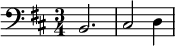 
\relative c {
\clef bass
\key d \major
\time 3/4
b2. | cis2 d4 |
}
