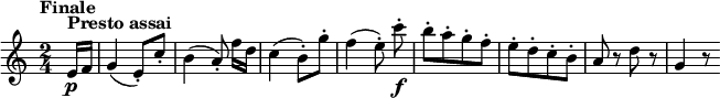 
\version "2.18.2"
\relative c'' {
  \key c \major
  \time 2/4
  \tempo "Finale "
  \tempo 4 = 138
  \partial 8 e,16^\markup { \bold Presto \bold assai } \p f
  g4 (e8-.) c'-.
  b4 (a8-.) f'16 [d]
  c4 (b8-.) g'-.
  f4 (e8-.) c'-.\noBeam\f
  b-. [a-. g-. f-.]
  e-. [d-. c-. b-.]
  a  r d r 
  g,4 r8
}
