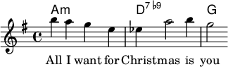 

<<

\new ChordNames {
  <a' c'' e''>1 <d' fis' a' c'' es''>1 <g' b' d''>2
}

\new Staff {
 \relative c''' {
   \key g \major
   \time 4/4 
   \tempo 4 = 150
   \set Score.tempoHideNote = ##t

   b4 a4 g4 e4 | es4 a2 b4 | g2
  }
 \addlyrics {
     All I want for Christ -- mas is you
   }
}


>>
