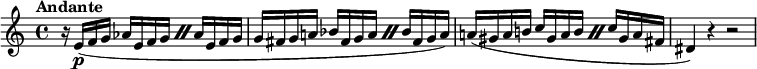 
\new staff \with {midiInstrument = "flute"} \relative c'' {
  \tempo "Andante"
  r16 e,(\p f g \repeat percent 2 { 
      aes e f g
    }
    aes e f g
  g fis g a! \repeat percent 2 {
      bes fis g a
    }
    bes fis g a)
  a!( gis a b! \repeat percent 2 {
      c gis a b
    }
    c gis a fis
  dis4) r r2
}
