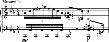 
\new PianoStaff <<
  \new Staff = "right" <<
    \relative c'' {
      \key ees \major
      \time 3/4
       \times 8/9{a32 c32 ees32 fis32 a32 fis32 ees32 c32 a32} <c, ees fis-> a>8. <a>16 r4
    }
  >>
  \new Staff = "left" {
    \clef bass <<
      \relative c, {
        \key ees \major
        \time 3/4
        c32\pp c'32 c,32 c'32 c,32 c'32 c,32 c'32 c,8 r8 <<{\voiceOne <c' ees fis-> a>8. <a>16}\new Voice {\voiceTwo c,8 r8}>>
      }
    >>
  }
>>
\header {
    piece = "Mesure ''b''"
  }
