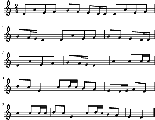 
\version "2.18.2"
\relative c'{
  \time 2/4
  d8[ a' e f] | g f e d16 d | d8[ a' e f] | \break
  g f16 e d4 | d8[ a' e f] | g f e d16 d | \break
  d8[ a' e f] | g f16 e d4 | a' a8 a16 a | \break
  b8 a e4 | a8 b16 a g8 f | e d16 e f8 d | \break
  a'4 a8 a16 a | b8 a e4 | a8 b16 a g8 f | e4 d \bar "|."
}
\layout {
  indent = #00
  line-width = #123
}
\header { tagline = ##f }
