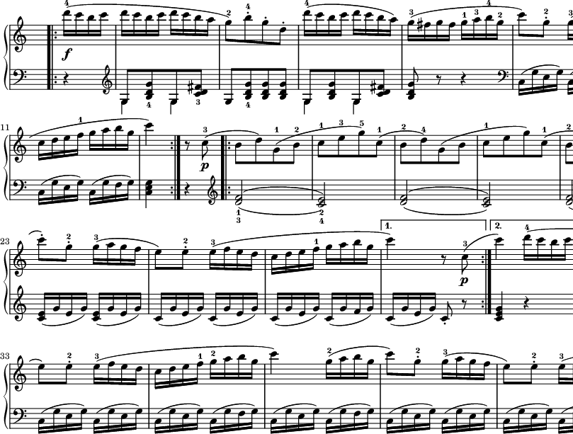 
sVarB = { r4 \clef "violin" | << { \voiceOne g'8[<b d g>_4 g <c d fis>_3] } \new Voice { \voiceTwo g4 g } >> | \oneVoice g8[<b d g>_4 <b d g> <b d g>] | << { \voiceOne g8[<b d g> g <c d fis>] } \new Voice { \voiceTwo g4 g } >> | \oneVoice <b d g>8 r r4 \clef "bass" | c,16([g' e g]) c,([g' e g]) | c,16([g' e g]) c,([g' e g]) | c,16([g' e g]) c,([g' f g]) | c,16([g' e g]) c,([g' f g]) | c,16([g' e g]) c,([g' e g]) | c,16([g' e g]) c,([g' e g]) | c,16([g' e g]) c,([g' f g]) | <c, e g>4 r \clef "violin" | \set doubleSlurs = ##t <d' f>2_1_3( | <c e>_2_4) | <d f>( | <c e>) | <d f>( | <c e>4) r \set doubleSlurs = ##f | <c e g>8_.[<c e g>_. <c e g>_. <c e g>_.] | <c e g>_.[<c e g>_. <c e g>_. <c e g>_.] | <c e g>_.[<c e g>_. <c f g>_. <c f g>_.] | 
<c e g>[<c e g> <c f g> <c f g>] | <c e>16([g' e g]) <c, e>([g' e g]) | c,([g' e g]) c,([g' e g]) | c,([g' e g]) c,([g' f g]) | c,([g' e g]) c,8_. r | <c e g>4 r | 
<< { \voiceOne g8[<b d g>_4 g <c d fis>_3] } \new Voice { \voiceTwo g4 g } >> | \oneVoice g8[<b d g> <b d g> <b d g>] | << { \voiceOne g8[<b d g> g <c d fis>] } \new Voice { \voiceTwo g4 g } >> | \oneVoice <b d g>8 r r4 \clef "bass" | c,16([g' e g]) c,([g' e g]) | c,16([g' e g]) c,([g' e g]) | c,16([g' e g]) c,([g' f g]) | c,16([g' e g]) c,([g' f g]) | c,16([g' e g]) c,([g' e g]) | c,16([g' e g]) c,([g' e g]) | c,16([g' e g]) c,([g' f g]) | <c, e g>8 r <c f g> r | <c e g>8 r <c f g> r | <c e g>8 r <c e g> r | <c e g>4 << { \voiceOne \crossStaff { \autoBeamOff g'8 g | <e g>4 } } \new Voice { \voiceTwo c8_1[c] | c,4 } >> }

sVarA = { \bar ".|:" \repeat volta 2 { d16-4(\f[c b c] | d[c b c] d([c b a] | g8-2)[b-.-4 g-. d-.] d'16-4([c b c] d[c b a]) | g-3([fis g fis] g-1[a-3 b-4 g-2] | c8)[g-.-2] g16-3([a g f] | e8)[e-.-2] e16-3([f e d] | 
c[d e f-1] g[a b g] | c4) g16-2([a b g] | c8)[g-.-2] g16-3([a g f] | e8)[e-.-2] e16-3([f e d] | c[d e f-1] g[a b g] | c4) } r8 c,8-3\p( \repeat volta 2 { \bar ".|:" b[d)g,-1(b-2] | c-1[e-3 g-5)c,-1]( b-2[d-4)g,(b] | c-1[e g)c,-1]( | b-2[d)g,-1(b] | c16-1)([d e f-1] g[a b g] | c8)\mf[g-.-2] g16-3([a g f] | e8)[e-.-2] e16([f e d] | c[d e f-1] g[a b g] |
c4) g16-2([a b g] | c8-.)[g-.-2] g16-3([a g f] | e8)[e-.-2] e16-3([f e d] | c[d e f-1] g[a b g] } \alternative { { c4) r8 c,-3\p( } { c'4) d16-4([c b c] } } | d[c b c] d[c b a] | 
g8-2)[b-.-4 g-. d-.] | d'16-4([c b c] d[c b a]) | g-3([fis g fis] g-1[a-3 b-4 g-2] | c8)[g-.-2] g16-3([a g f] |e8)[e-.-2] e16-3([f e d] | c[d e f-1]g-2[a b g] | c4) g16-2([a b g] | 
c8)[g-.-2] g16-3([a g f] | e8)[e-.-2] e16-3([f e d] c[d e f-1] g[a b g] | c8^>-5)\ff[c^>] g16-2([a b g] | c8^>)[c-.^>] g16([a b g] | <e g c>8) r <g c e> r | <e g c>4 <c, e>8-3-5[<c e>] | c4 \bar "|." }

\paper { #(set-paper-size "a2") oddHeaderMarkup = \evenHeaderMarkup }
\header { tagline = ##f }
\version "2.18.2"
\score {
\midi {  }
\layout { line-width = #400
\context { \PianoStaff \consists #Span_stem_engraver } indent = 0\cm}
\new PianoStaff <<
  \new Staff { \clef "violin" \key c \major \time 2/4 \override Staff.TimeSignature #'transparent = ##t \relative c''' { \partial 4 \sVarA } }
  \new Staff { \clef "bass" \key c \major \time 2/4 \override Staff.TimeSignature #'transparent = ##t \relative g, { \sVarB } }
>> }