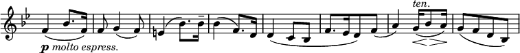 
\relative c' \new Staff \with { \remove "Time_signature_engraver" } {
 \key bes \major \time 2/4
  f4_\markup { \dynamic p \italic { molto espress. } } ( bes8. f16) f8 g4( f8) e4( bes'8.) bes16-- bes4( f8.) d16
  d4( c8 bes f'8.[ es16 d8) f]( a4) g16^\markup \italic ten. \<( bes8\> a16\!) g8[( f d bes)]
}
